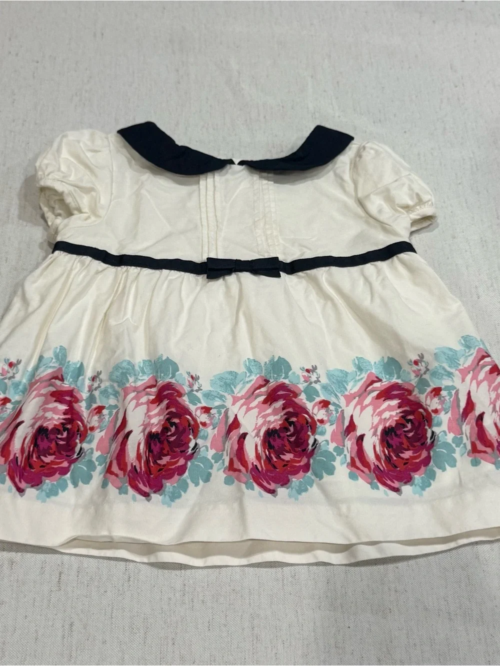 Janie and Jack Cream Dress Navy Collar and Pink Floral Border 12-18m 100% Cotton